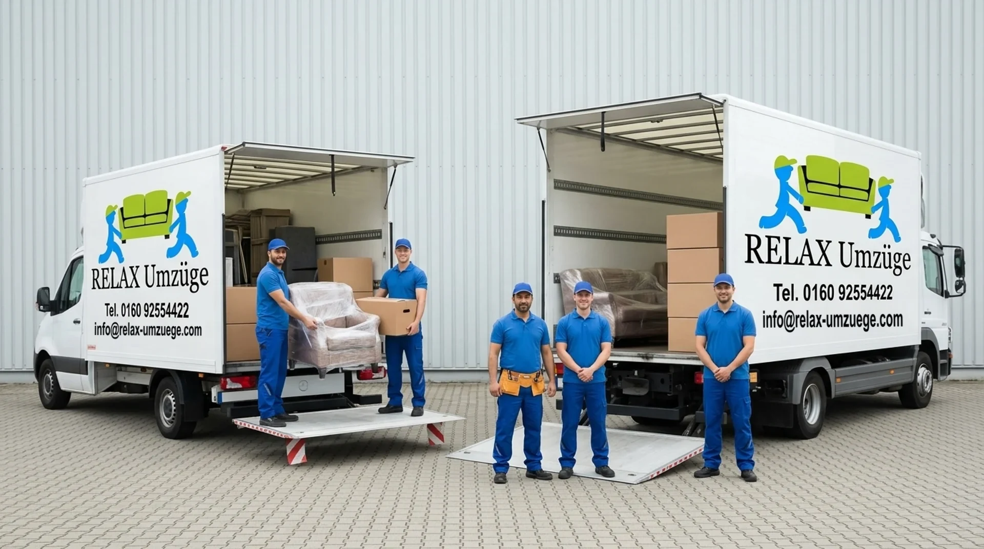 Fuhrpark von RELAX Umzüge: Sprinter und 12-Tonner mit abgesenkter Hebebühne, beide mit Logo, Telefonnummer und E-Mail-Adresse auf dem Koffer, davor das Umzugsteam